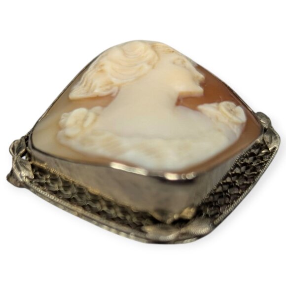 Antique 14k White Gold Large Cameo Filigree Pendant Brooch/Pin 1 1/2" x 1 1/2" - Picture 11 of 14